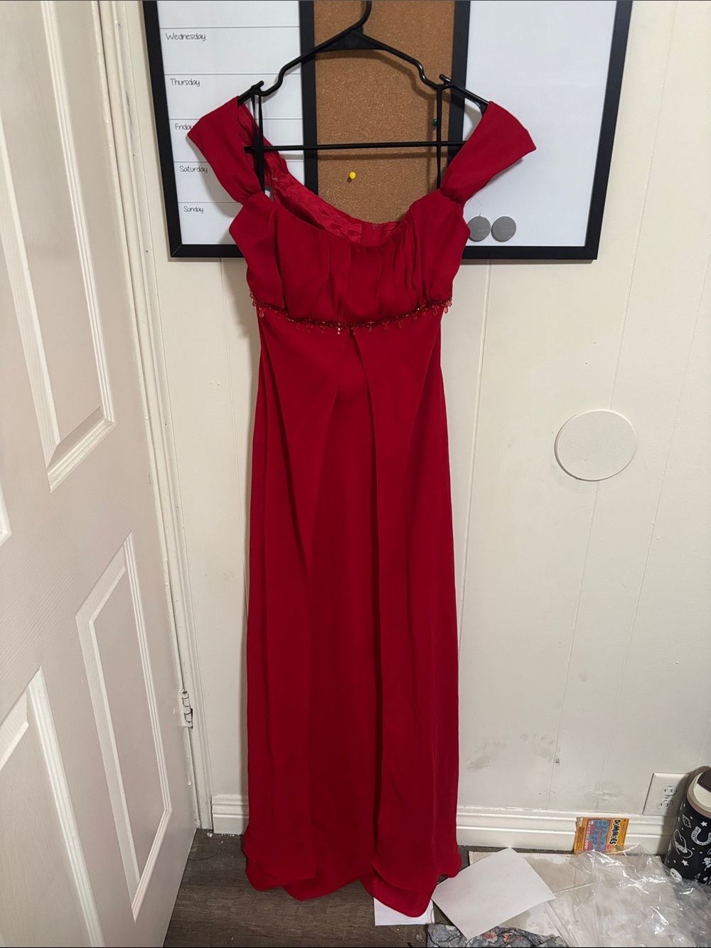 BECCA Scarlet Red Off-Shoulder Beaded Empire Gown